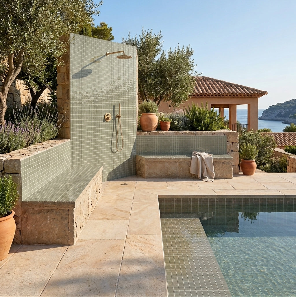 Interstyle 240 Khaki 1.5" × 1.5" back-painted glass mosaic installed throughout a luxurious Mediterranean pool, outdoor shower, and built-in seating area. Natural sunlight highlights the soft khaki colour, glossy glass surface, and reflective quality of the mosaic, complementing the sandstone pool deck and surrounding Mediterranean landscape.